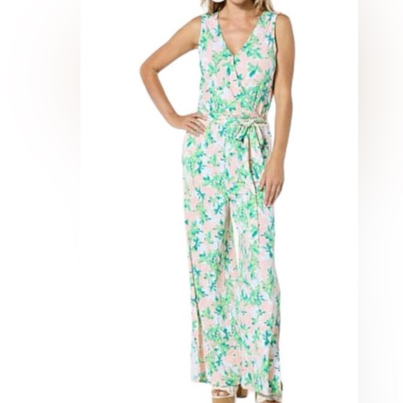 C. Wonder Pants - C. Wonder by Christian Siriano Pink with Bold Green Leaf Print Jumpsuit